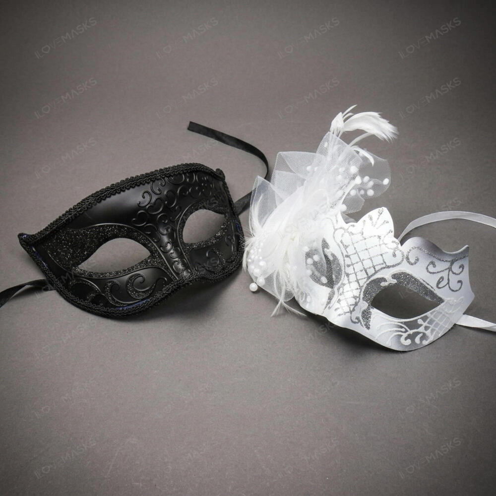 Mardi Gras Venetian Glitter Feather Masquerade Halloween Party mask Black White